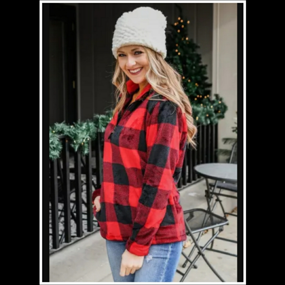 ‼️CLEARANCE PRICE FIRM‼️Red Plaid Print 1/4 Zip Sweatshirt ❤ - Picture 2 of 6
